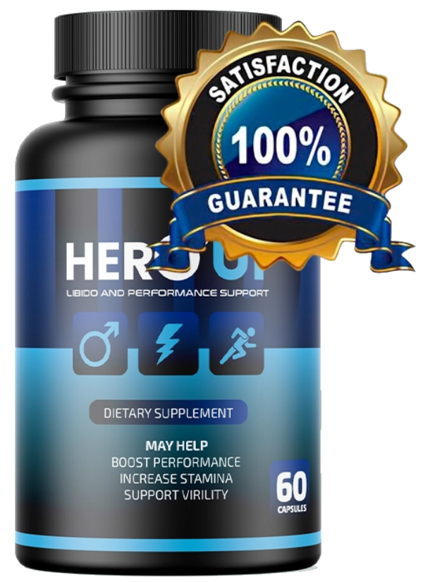 Hero Up male enhancement dietary supplement bottle, 60 capsules, with a guarantee badge shown in the supplied artwork